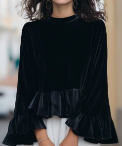 Round Neck Velvet Ruffle Trim Blouse