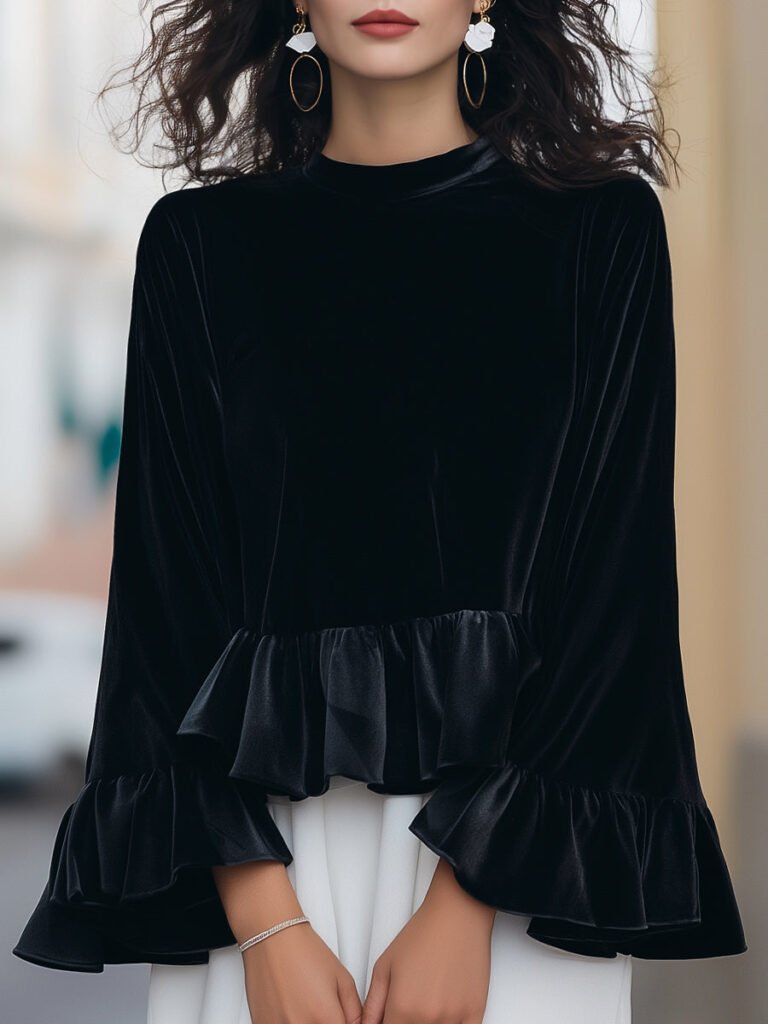 Round Neck Velvet Ruffle Trim Blouse