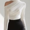 Asymmetric Draped High Neck Long Sleeve