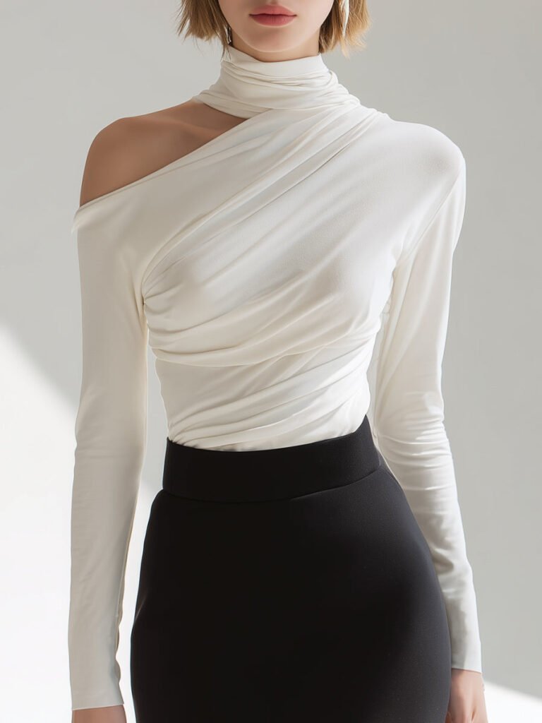 Asymmetric Draped High Neck Long Sleeve