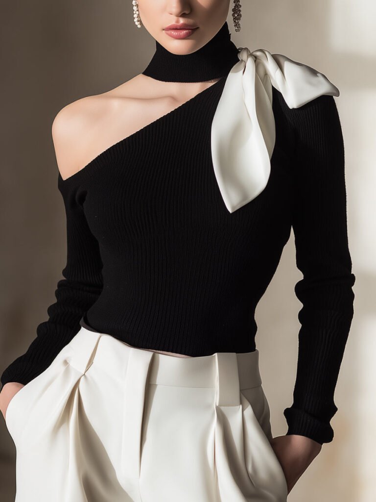 One Shoulder Knit Top With Contrast