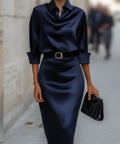 Elegant Satin Draped Collar Midi Dress With Black