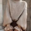 Cream Knit Turtleneck Sweater With Ruffled
