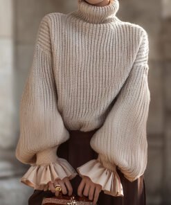 Cream Knit Turtleneck Sweater With Ruffled