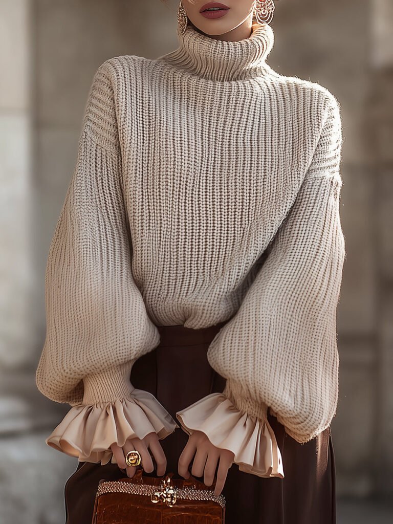 Cream Knit Turtleneck Sweater With Ruffled